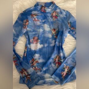 Mesh Blue Cherub Angel Print Long Sleeve Top Sz: S